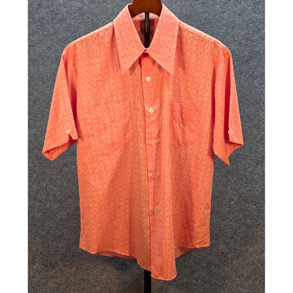 Mitchells Shirt Mens Vintage 70s Dagger Collar Geometric Coral L Excellent Retro
